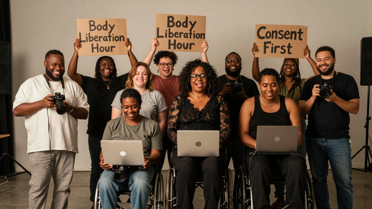 A diverse group of fat performers collaborate in a studio, celebrating body autonomy and consent.