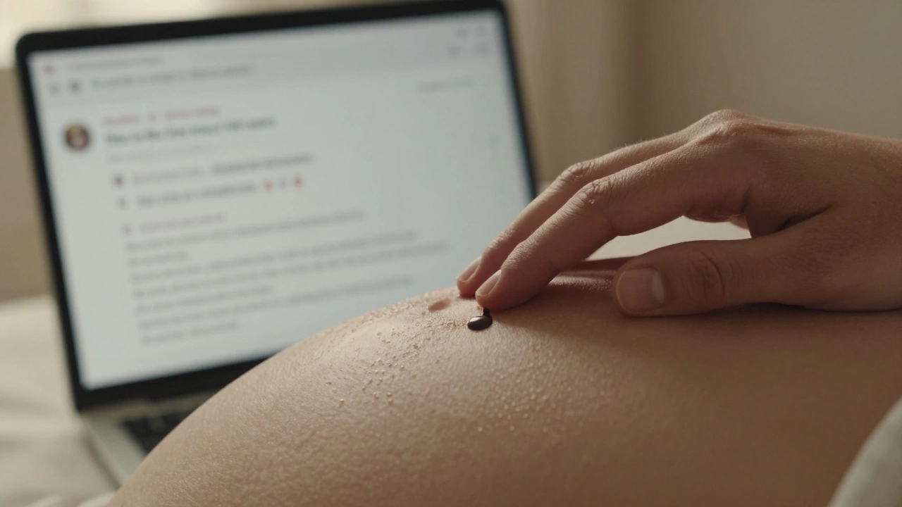A hand traces a belly in slow motion, chocolate dripping onto skin, with a blurred screen showing a supportive online community.