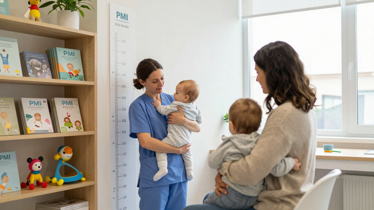 A pediatric nurse checks a baby&#039;s growth at a PMI clinic in Bordeaux with a calm, supportive mother nearby.