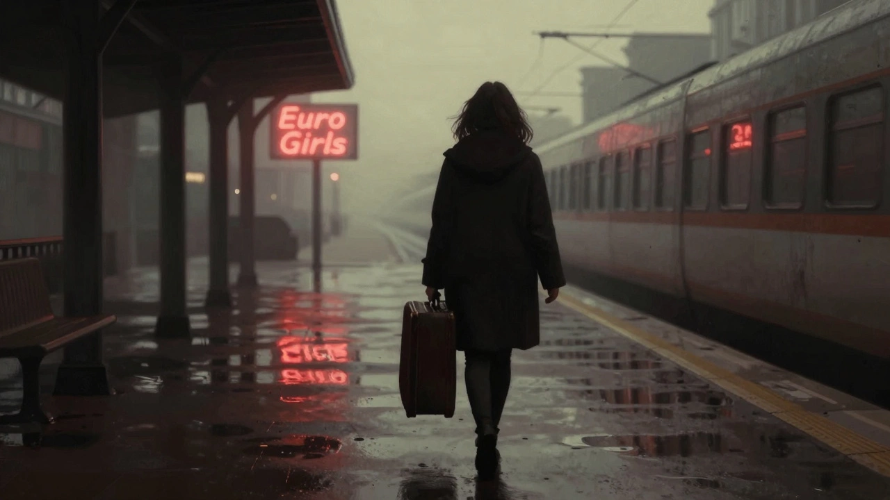 A silhouette of a woman walking away from a train station under a faint &#039;Euro Girls&#039; neon sign.