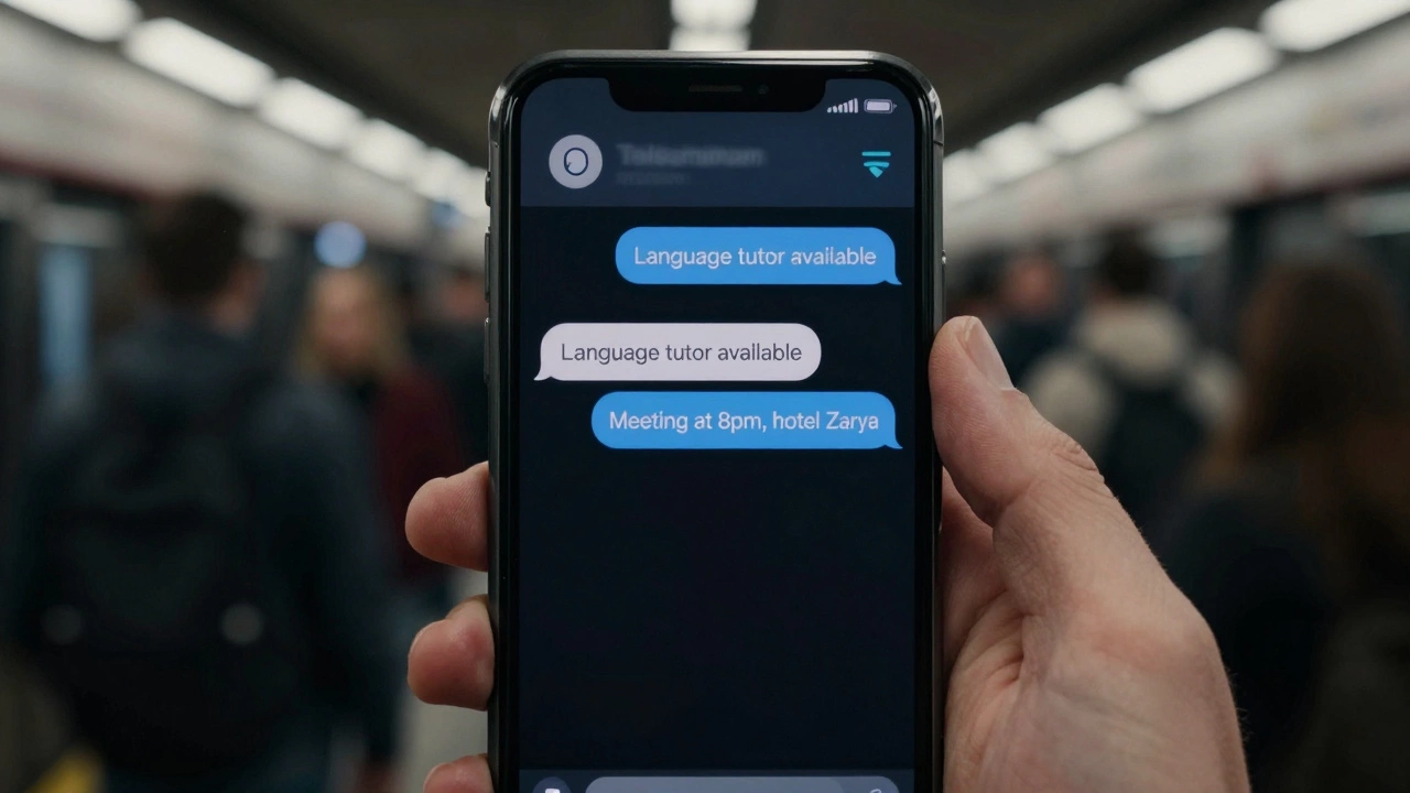 A trembling hand holding a smartphone showing encrypted messages about secret meetings.