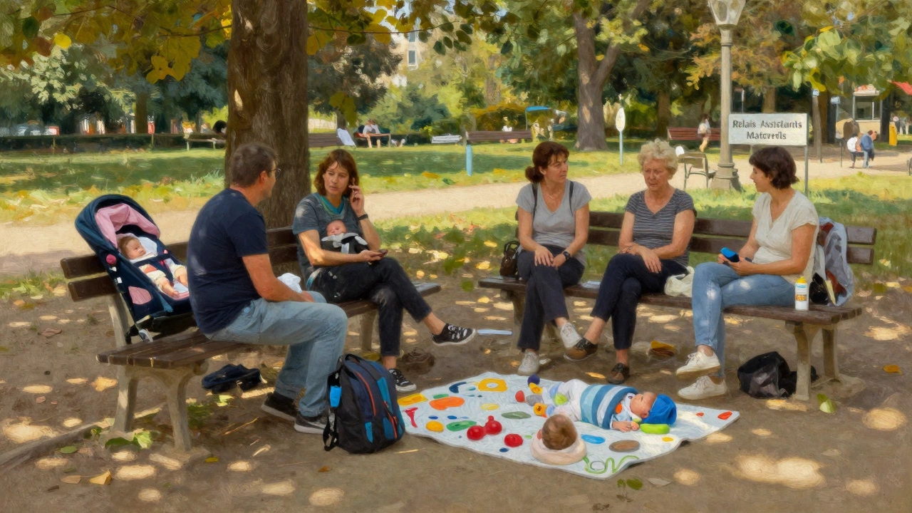 Parents gather in a Bordeaux park with their babies, sharing support in a peaceful community setting.